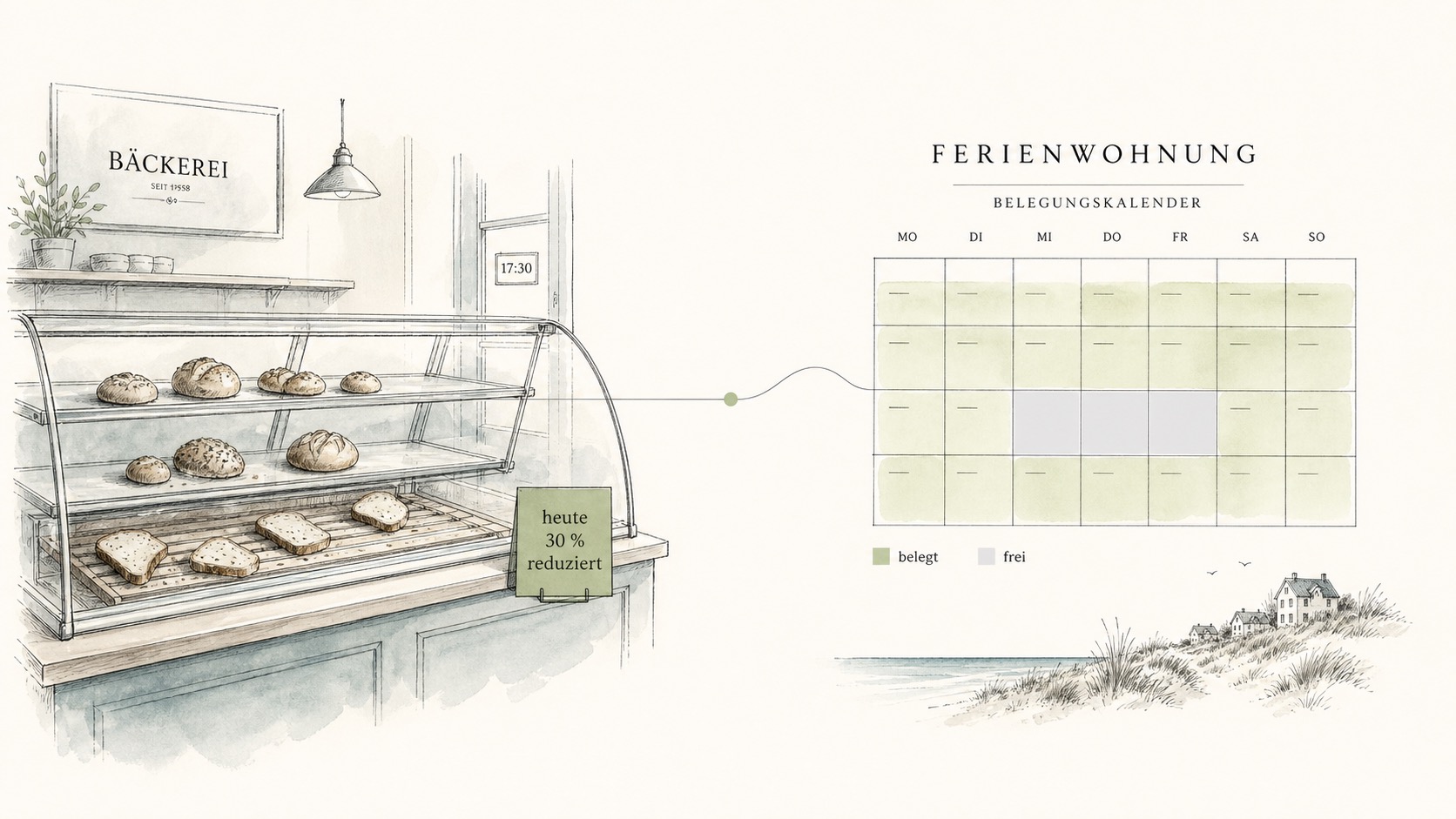 Belegungskalender für eine Ferienwohnung verbunden mit Bäckerei-Auslage "heute 30% reduziert".