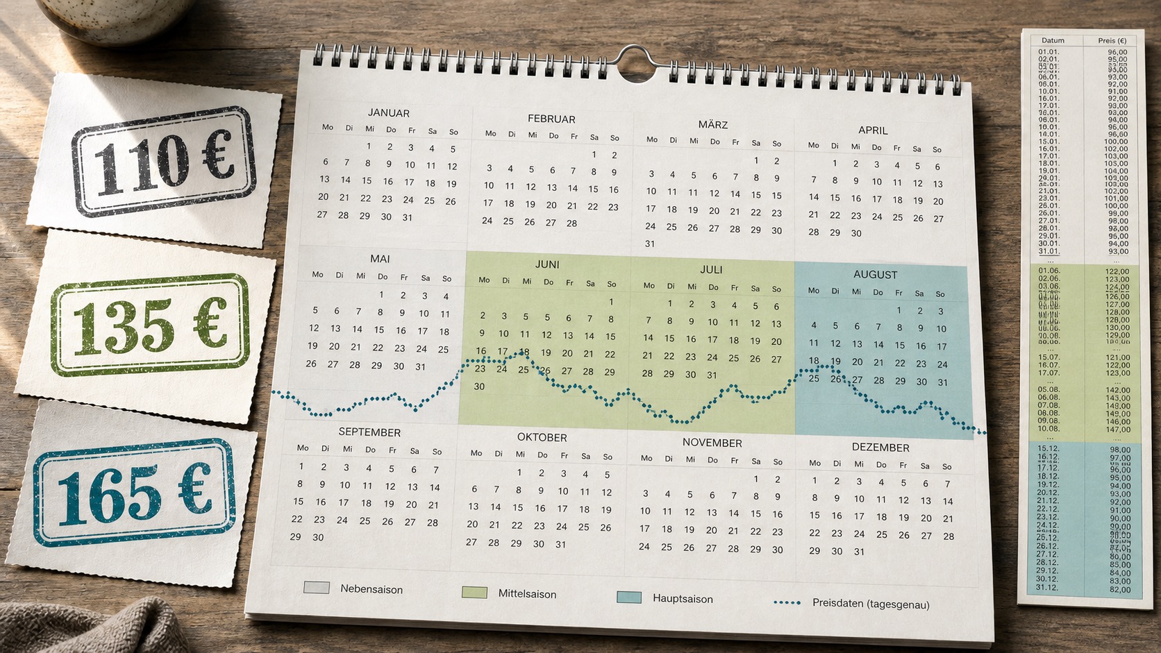 Saisonkalender zeigt Preisentwicklung für Ferienwohnung mit Preisetiketten 110€, 135€ und 165€.