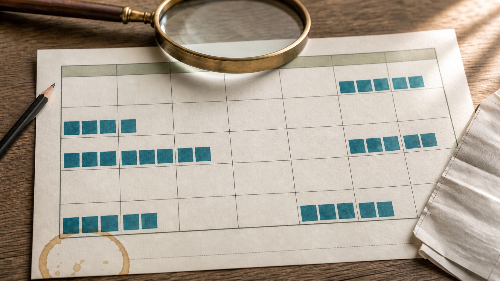 Belegungskalender mit blauen Markierungen, Lupe und Bleistift für Ferienhaus-Management.