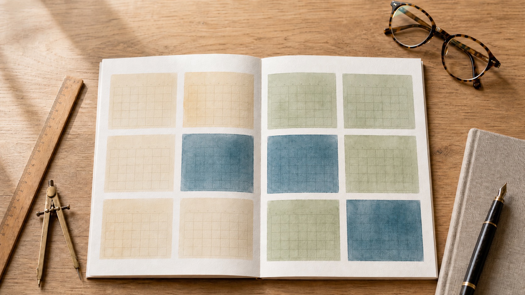 Offenes Notizbuch zeigt farbige Kalenderraster, umgeben von Lineal, Zirkel, Brille und Stift.