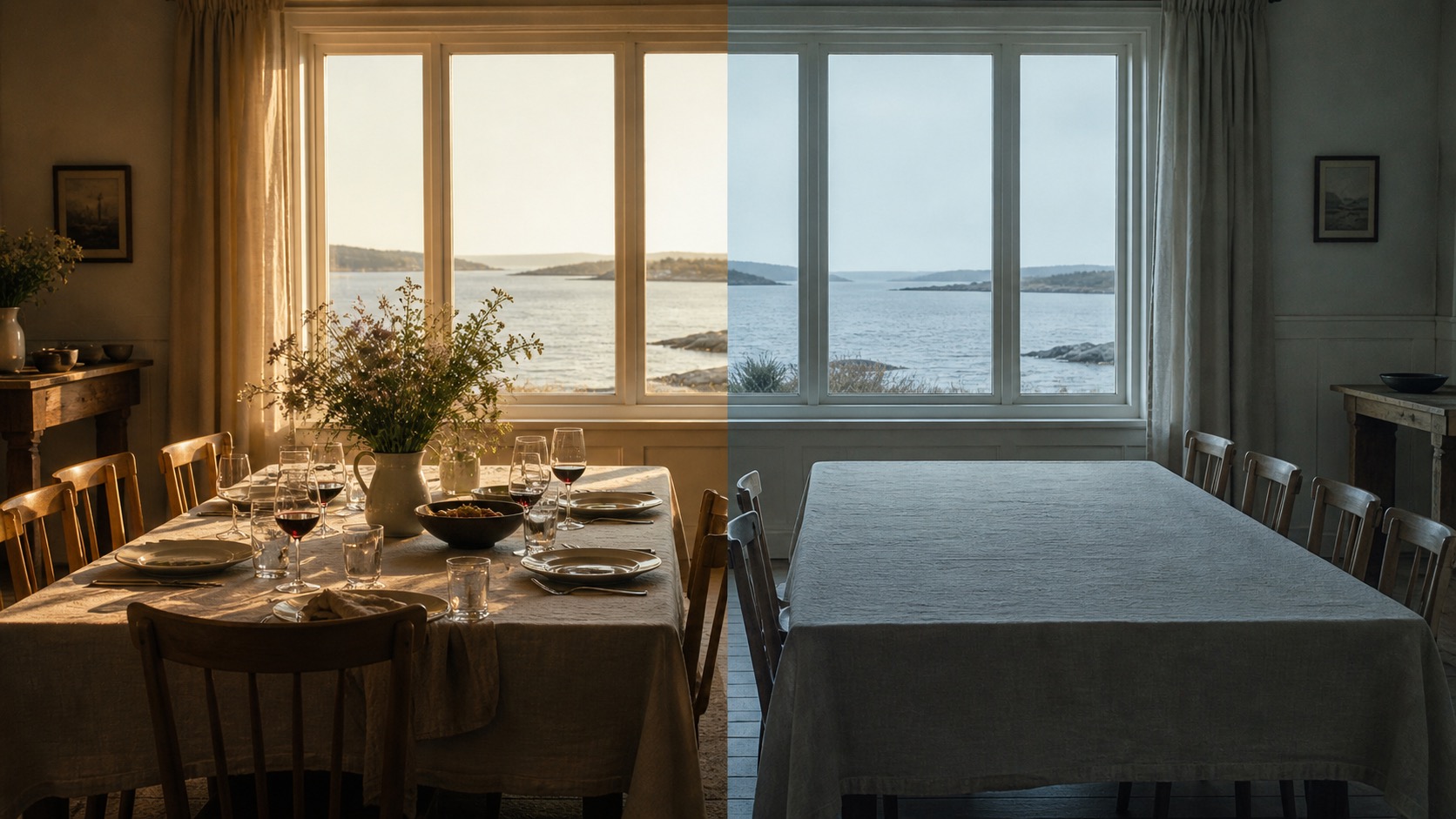 Gedeckter Esstisch am Fenster mit Meerblick im Ferienhaus, präsentiert von Favorent.