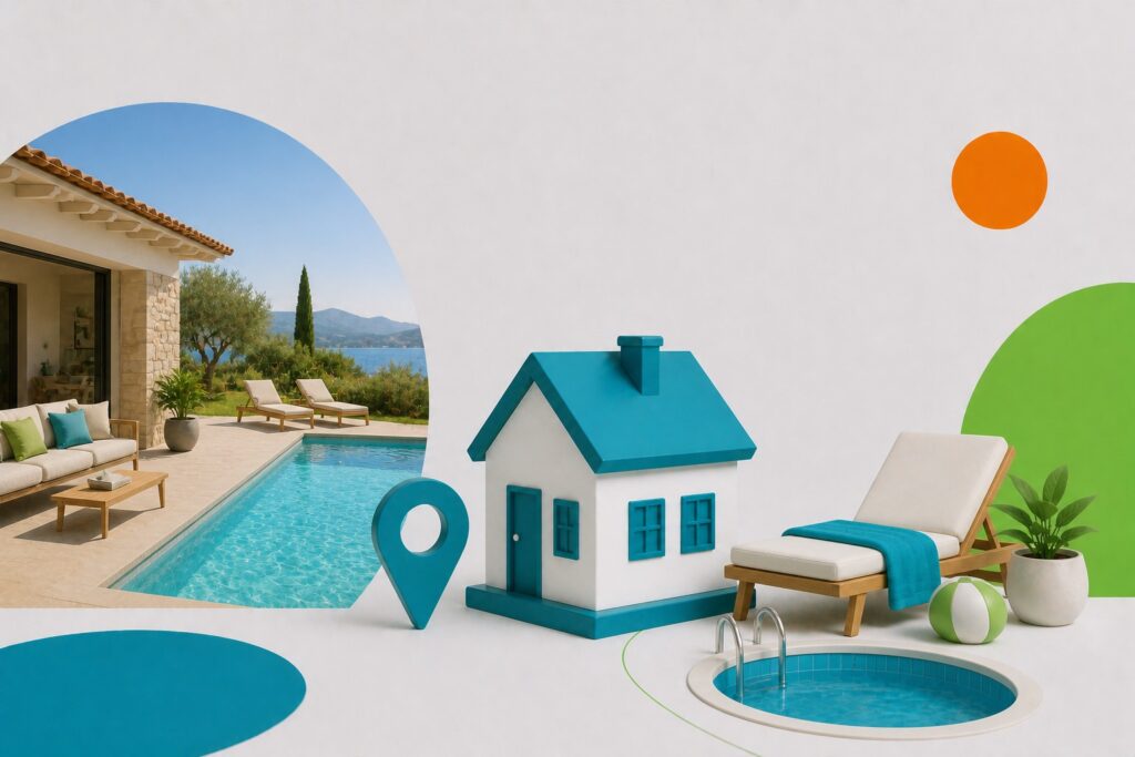 Ferienhaus-Szene zeigt Pool, Liegen und Miniaturhaus, die Urlaub und Ferienhaus-Management durch Favorent symbolisieren.