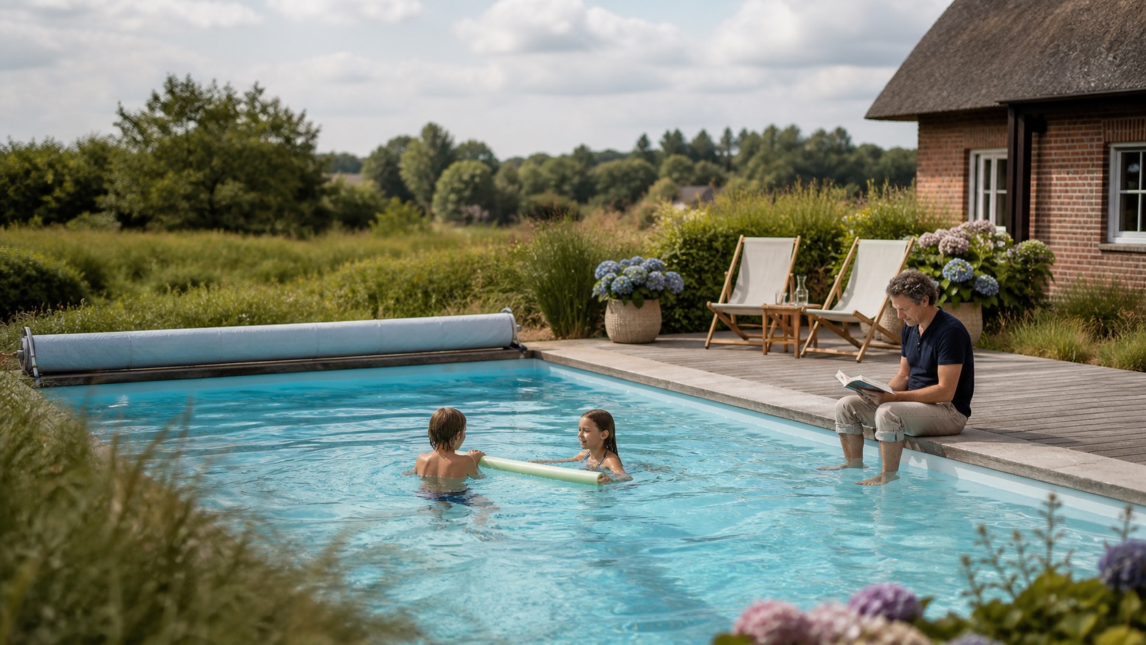 Blick auf spielende Kinder im Pool eines Ferienhauses, während ein Mann liest.