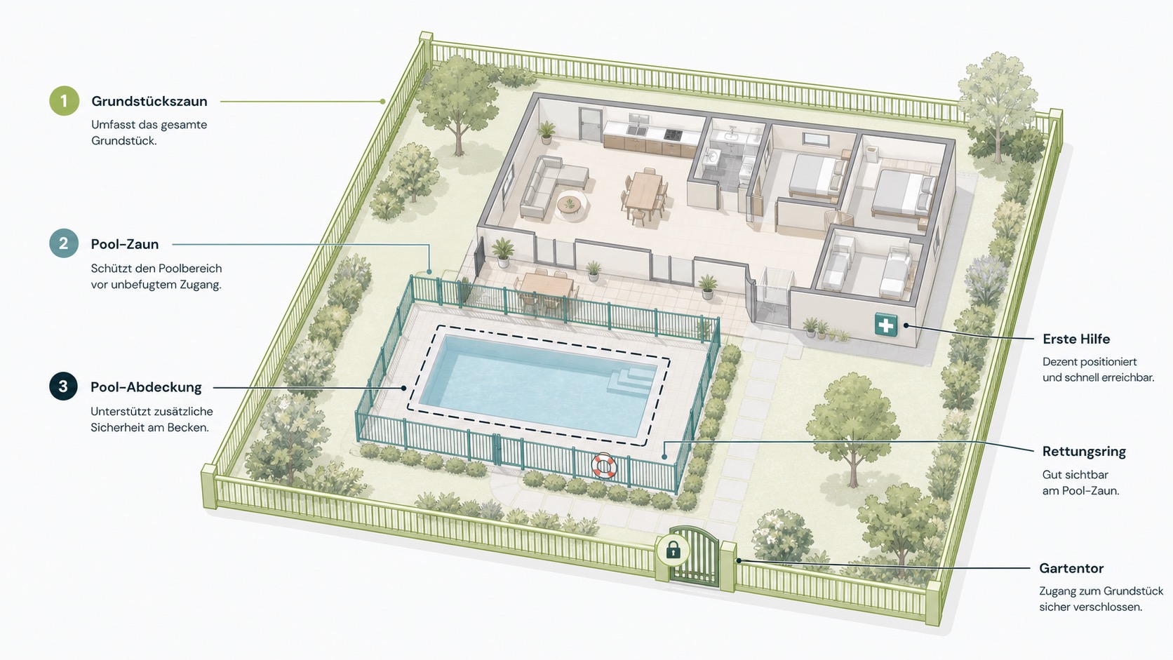 Draufsicht auf ein Ferienhaus mit Pool, umgeben von Zäunen und Sicherheitsvorkehrungen.