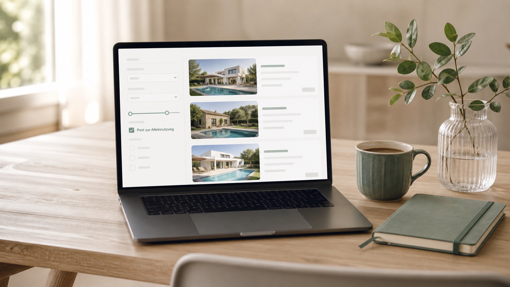 Laptop zeigt Ferienhaus-Angebote mit Pool zur Alleinnutzung; Favorent erleichtert die Suche.