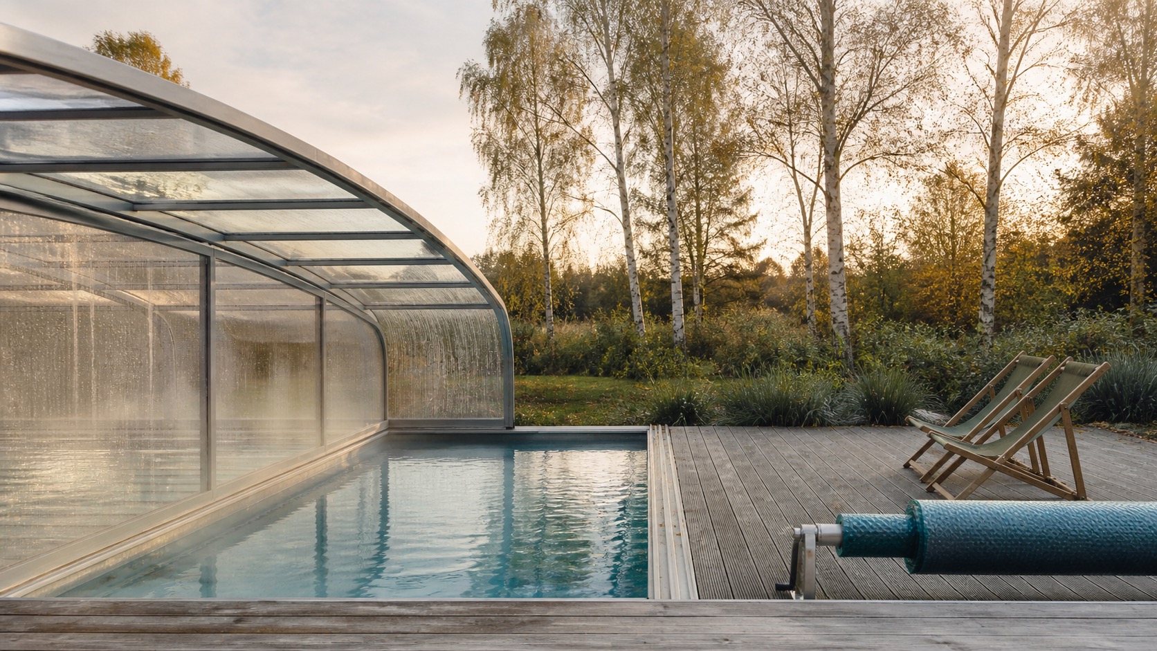 Überdachter Pool auf Holzterrasse und Liegestühle im Garten für die Ferienhausverwaltung. Favorent bietet Services für Vermieter.