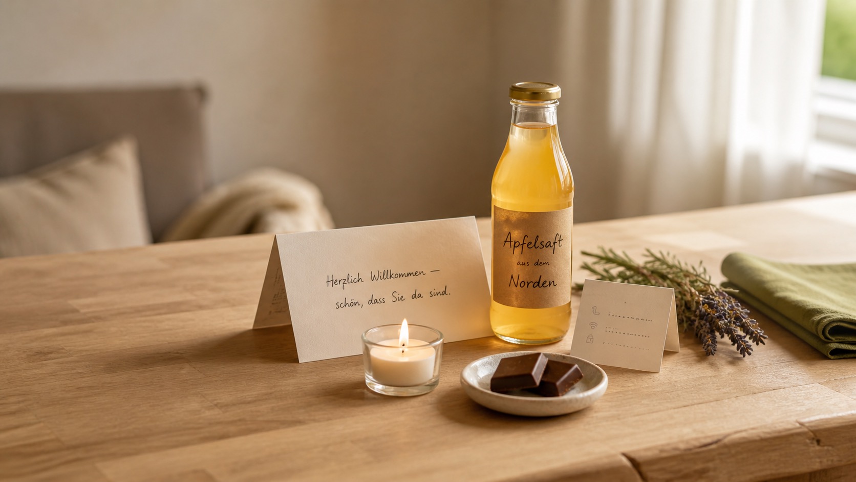 Auf einem Tisch steht ein Begrüßungspaket mit Apfelsaft, Schokolade und einer Kerze bereit.
