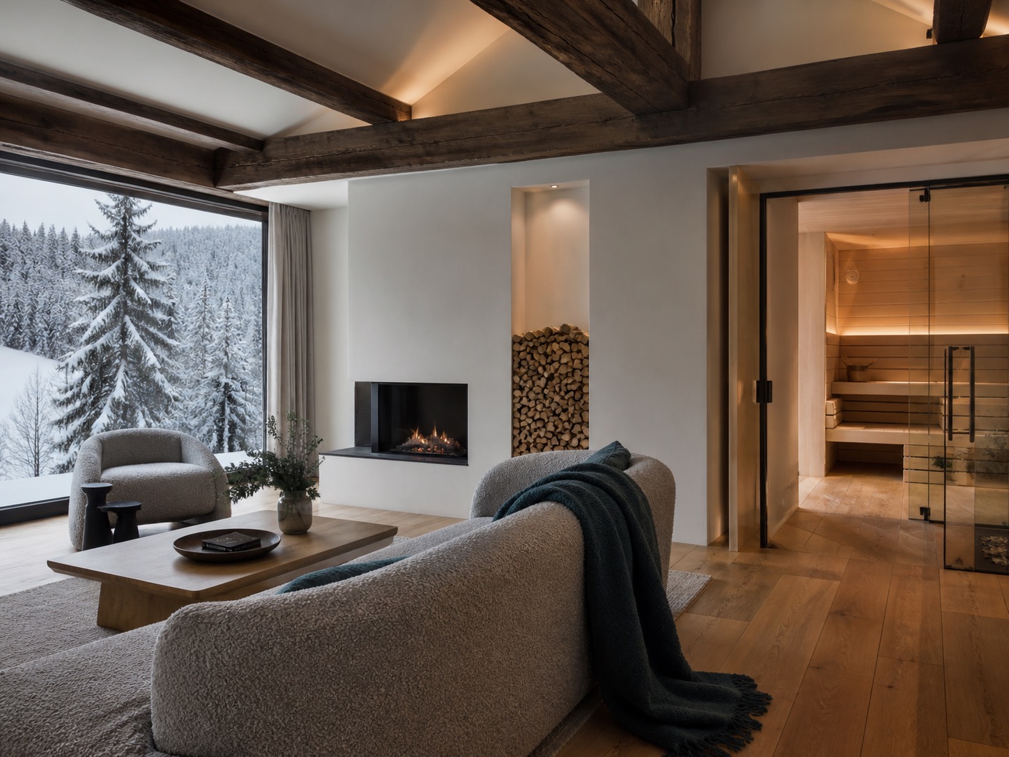 Schwarzwald-Ferienhaus mit Kamin, Sauna und Blick auf Winterlandschaft; ideal für Favorent-Gäste.
