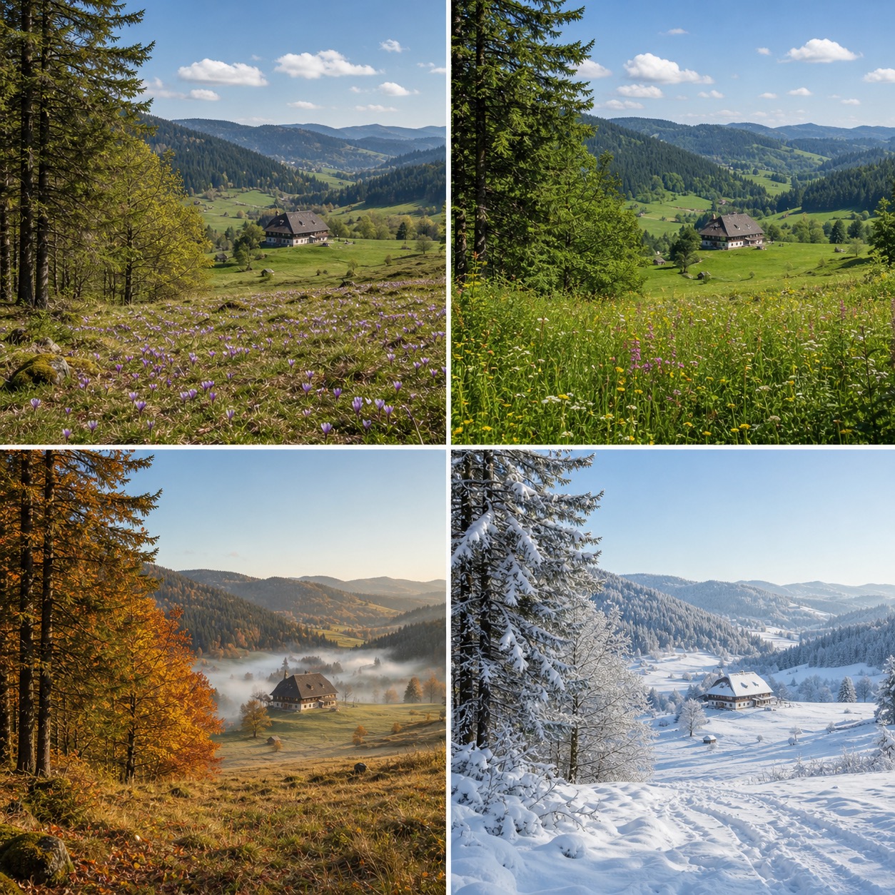 Collage zeigt Schwarzwald-Ferienhaus in vier Jahreszeiten, verwaltet von Favorent.