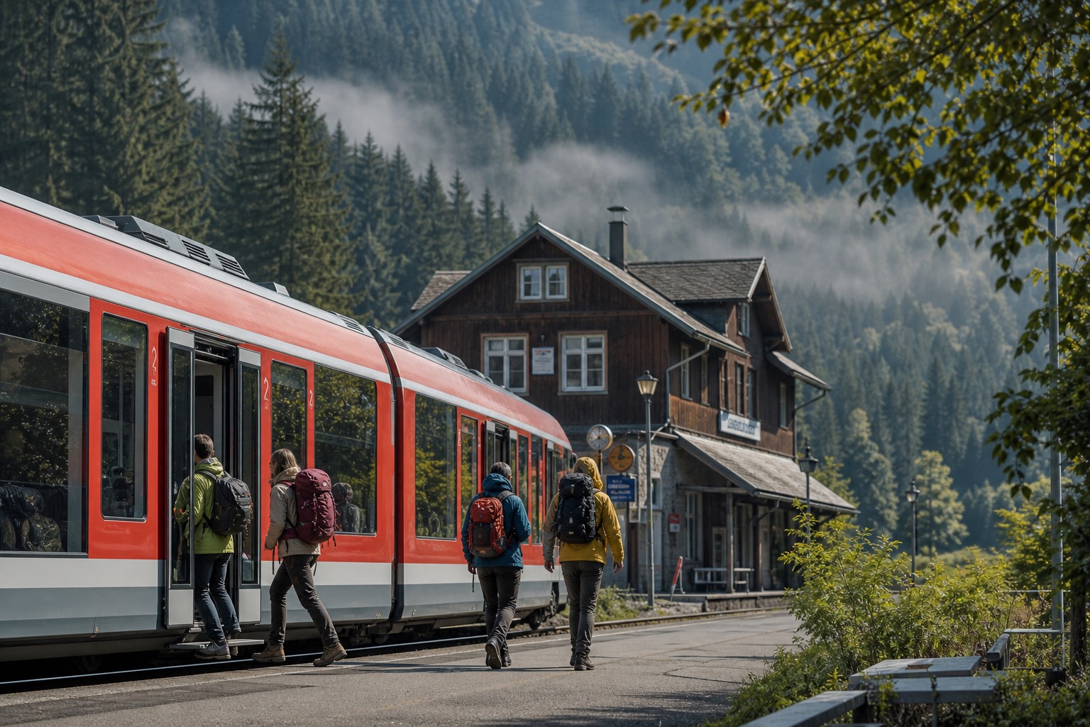 Wanderer steigen in einen Regionalzug im Schwarzwald ein.