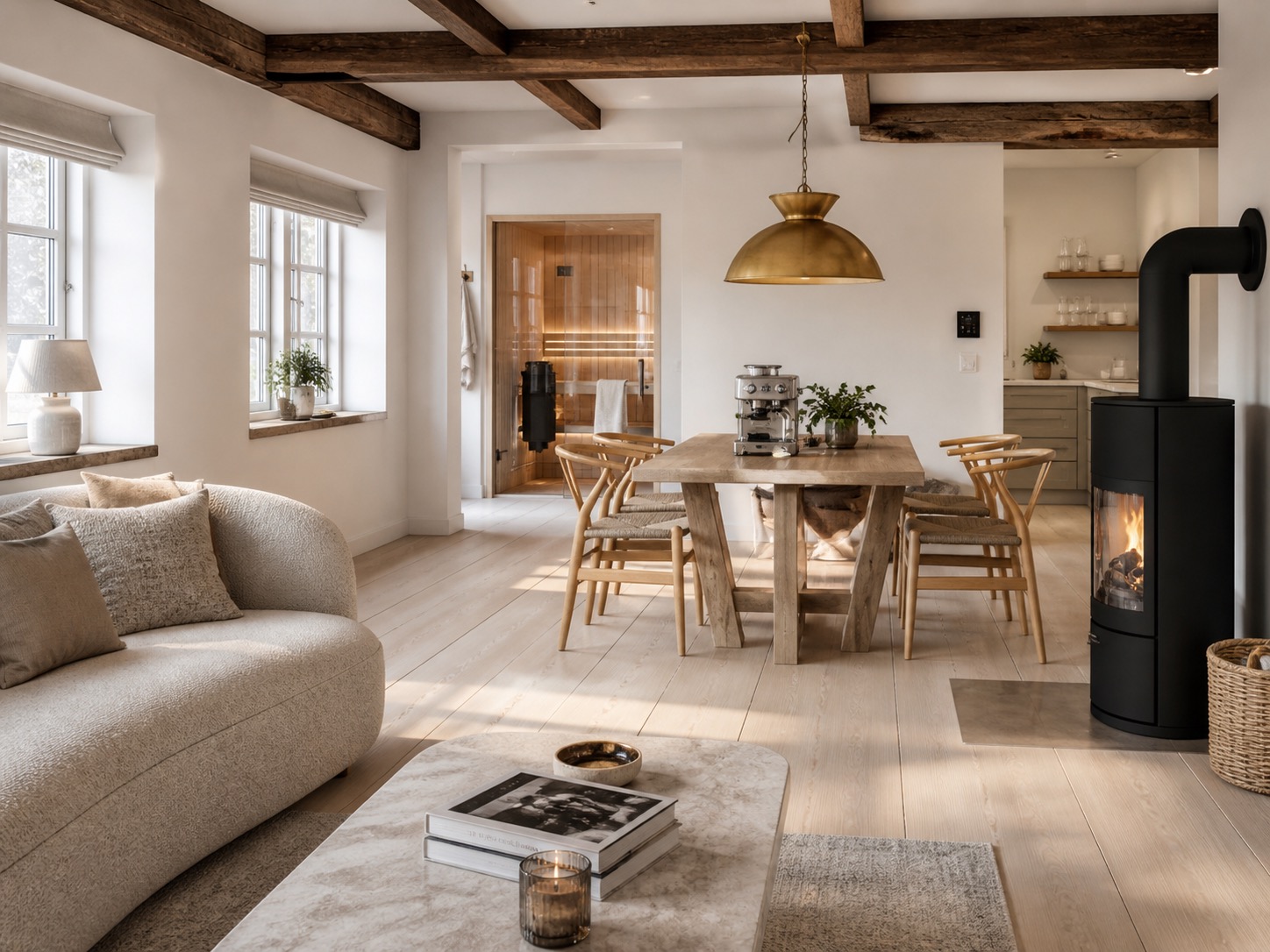 Helles Sylter Ferienhaus mit Sauna, Kaminofen und Holzbalkendecke. Favorent unterstützt Vermieter bei der Objektpflege.