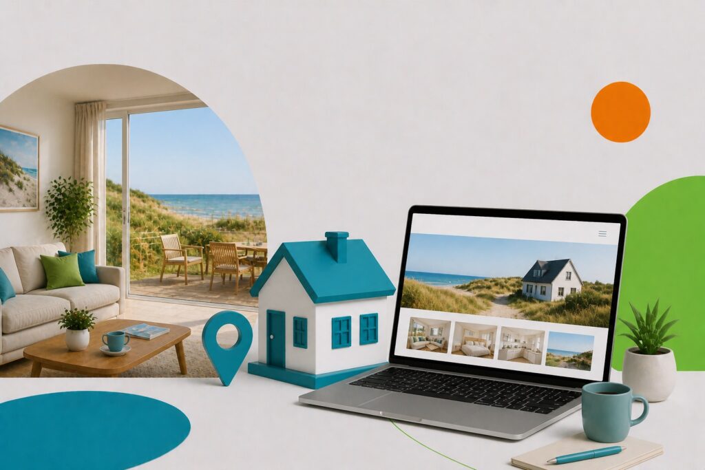 Laptop zeigt Ferienhaus-Webseite mit Strandansicht, daneben Modellhaus und blauer Pin. Ferienhausverwaltung mit Favorent im Blick.