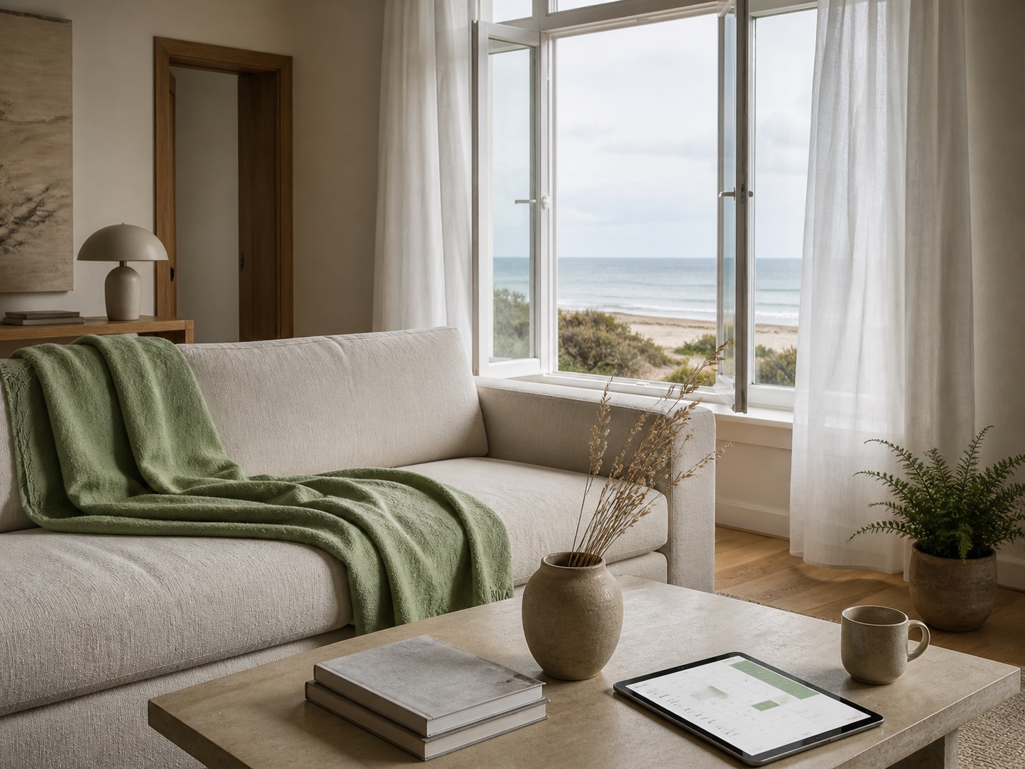 Wohnzimmerblick auf Strand; Tablet zeigt Grafiken für Ferienhausverwaltung.