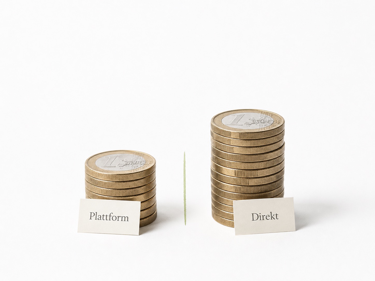 Zwei Euromünzen-Stapel, beschriftet mit "Plattform" und "Direkt", die die Kosten für Ferienhaus-Vermietung vergleichen.