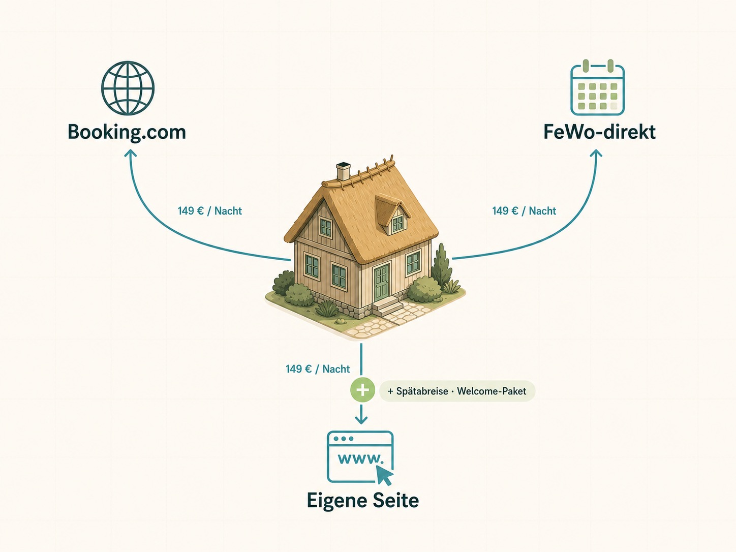 Infografik zeigt Preisvergleich für Ferienhaus auf Booking.com, FeWo-direkt und eigener Webseite.