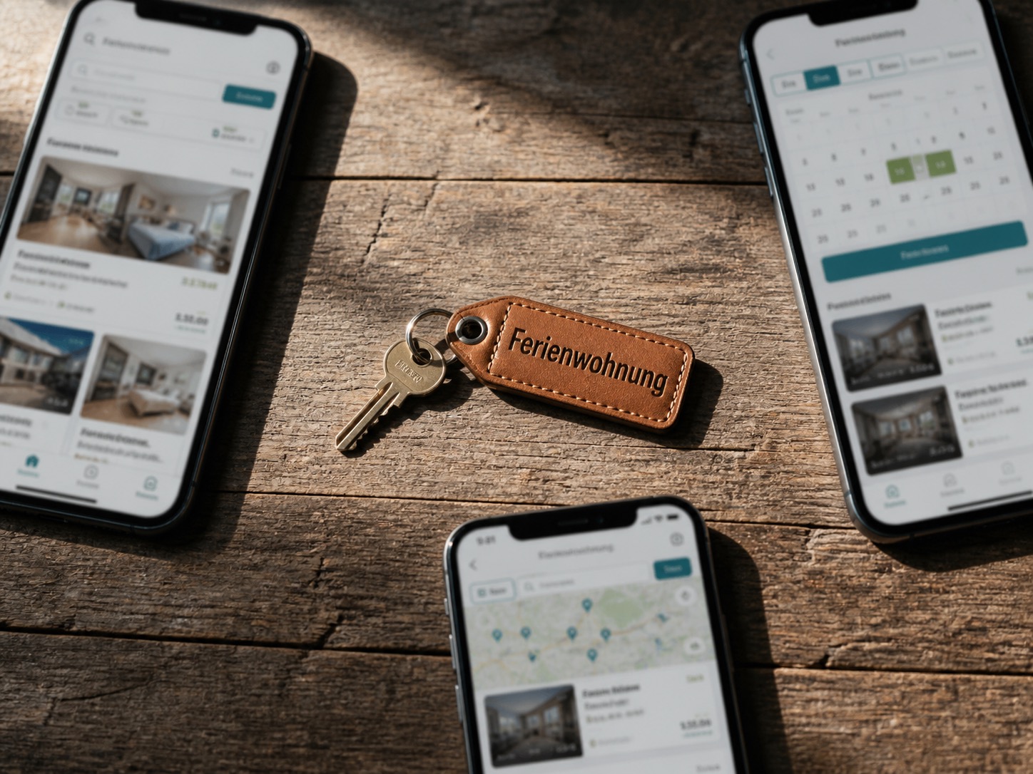 Schlüsselanhänger 'Ferienwohnung' liegt zwischen Smartphones, die Ferienhaus-Buchungsplattformen anzeigen.