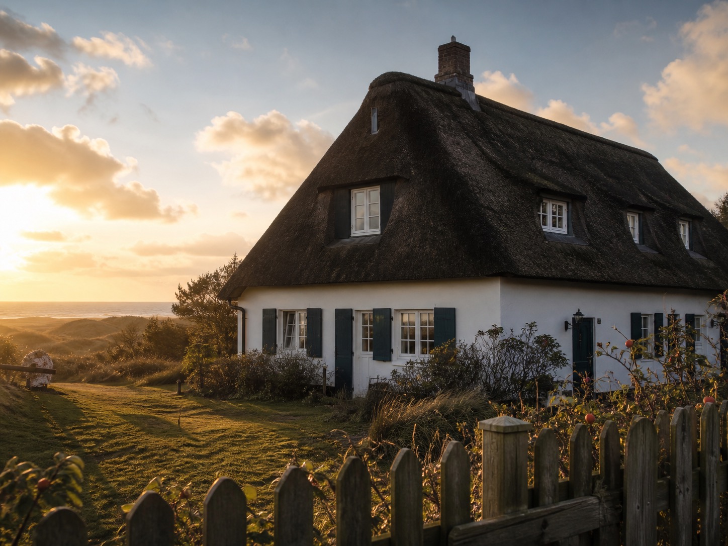 Reetdachhaus mit grünen Fensterläden bei Sonnenuntergang und Meerblick, geeignet für die Ferienhaus Vermietung.