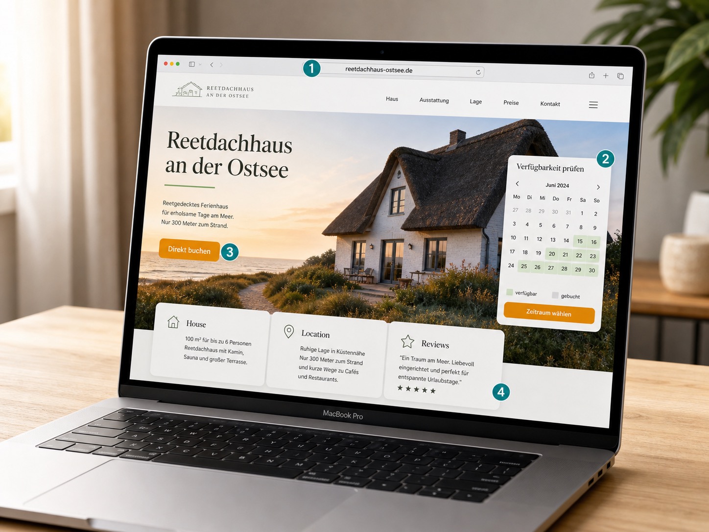 MacBook Pro zeigt Webseite 'Reetdachhaus an der Ostsee' mit Verfügbarkeitskalender für Ferienhaus-Buchungen.