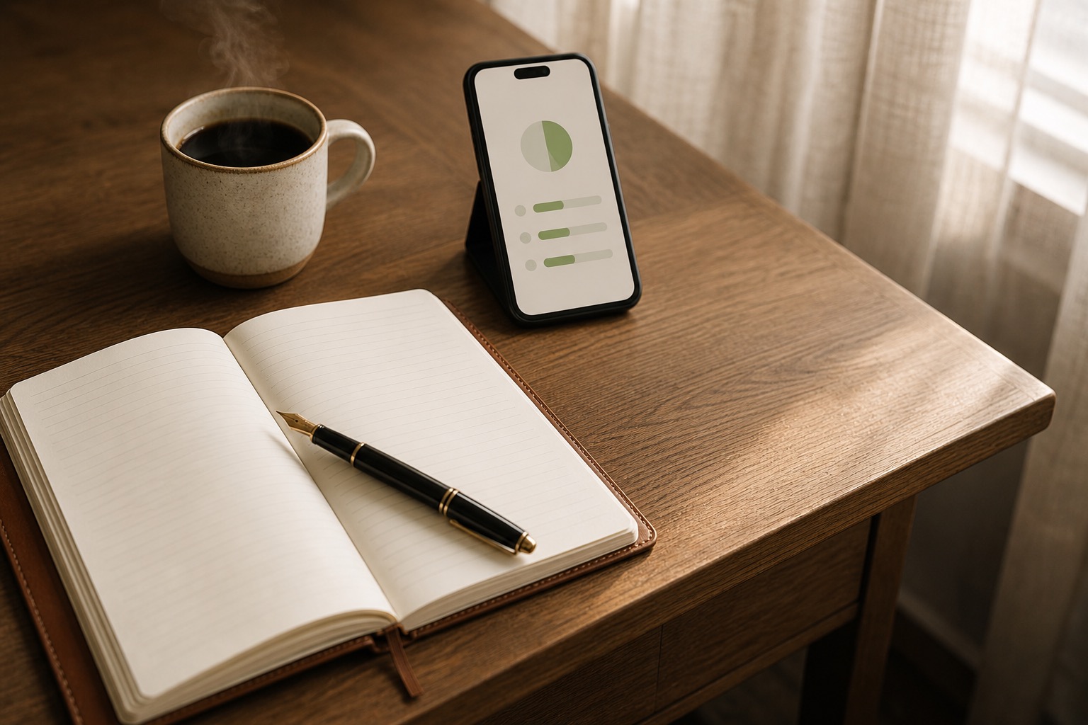 Tasse Kaffee, Notizbuch mit Füllfederhalter und Smartphone auf Holz für Ferienhaus-Management.