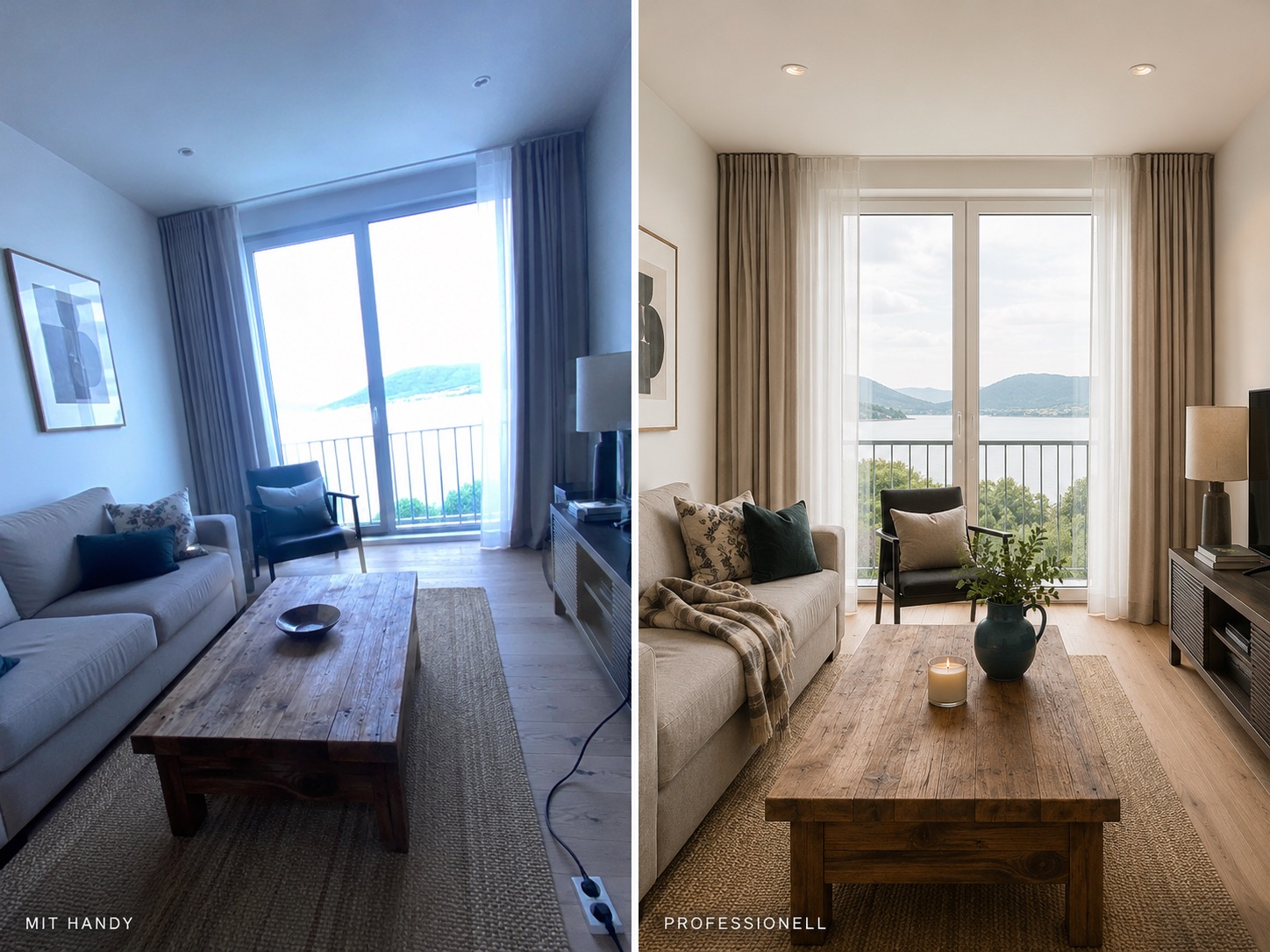 Vorher-Nachher-Vergleich: Handyfoto vs. professionelles Foto eines Ferienwohnungs-Wohnzimmers mit Seeblick.