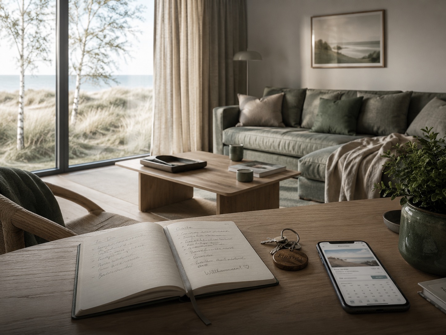 Notizbuch, Schlüssel und Smartphone auf Holztisch in einer Ferienwohnung am Meer.
