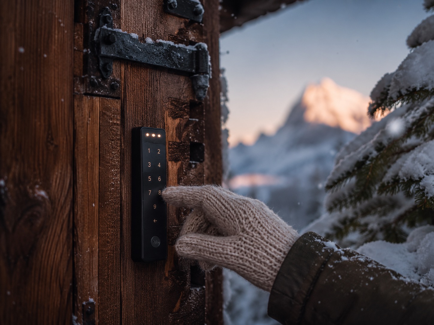 Hand mit Handschuh bedient digitales Schließsystem an Holztür im Allgäu.
