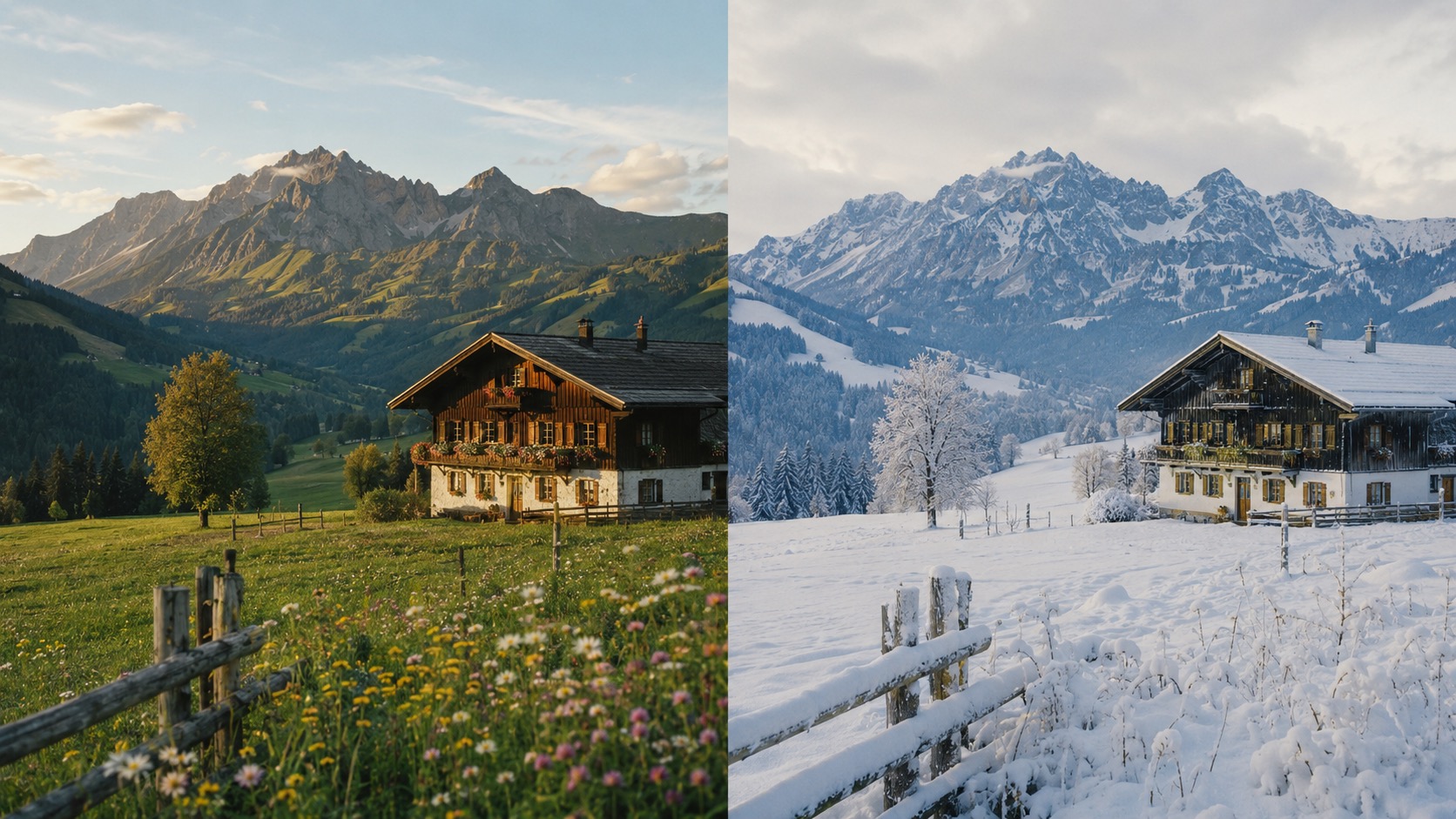 Allgäuer Bauernhaus im Sommer und Winter, das Favorent für die Ferienhausvermietung verwaltet.