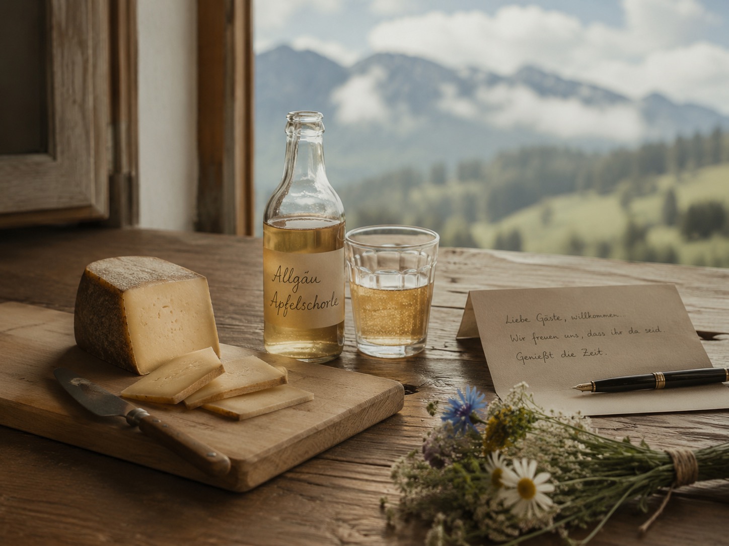 Allgäuer Apfelschorle, Käse und Grußkarte auf Tisch mit Bergpanorama im Hintergrund.