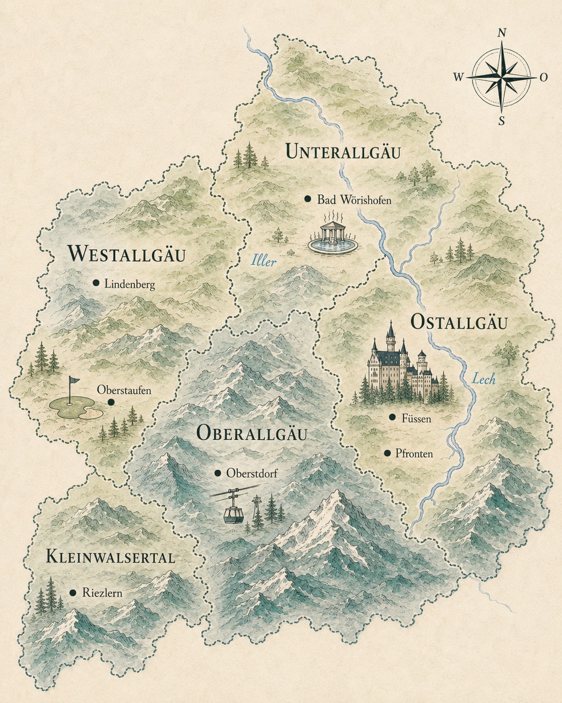 Illustrierte Karte des Allgäus mit Ortsnamen, Flüssen und Sehenswürdigkeiten. Favorent verwaltet Ferienhäuser in dieser Region.