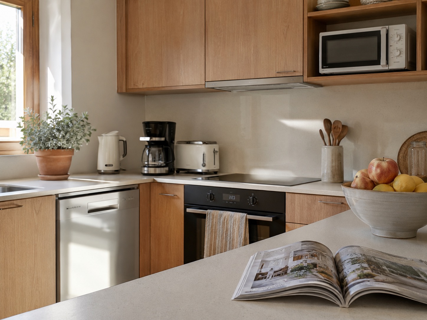 Helle Küche mit Geschirrspüler, Mikrowelle und Kochutensilien für eine moderne Ferienwohnung. Favorent unterstützt bei der Ausstattung.