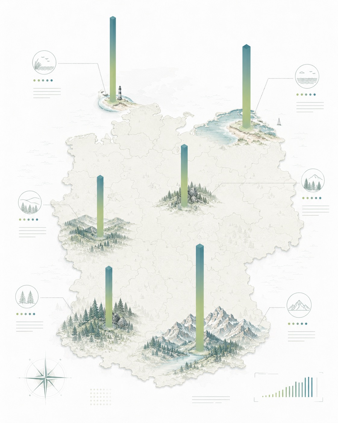 Deutschlandkarte mit hervorgehobenen Regionen für Ferienwohnungen, die Küste, Berge und Wälder zeigen.
