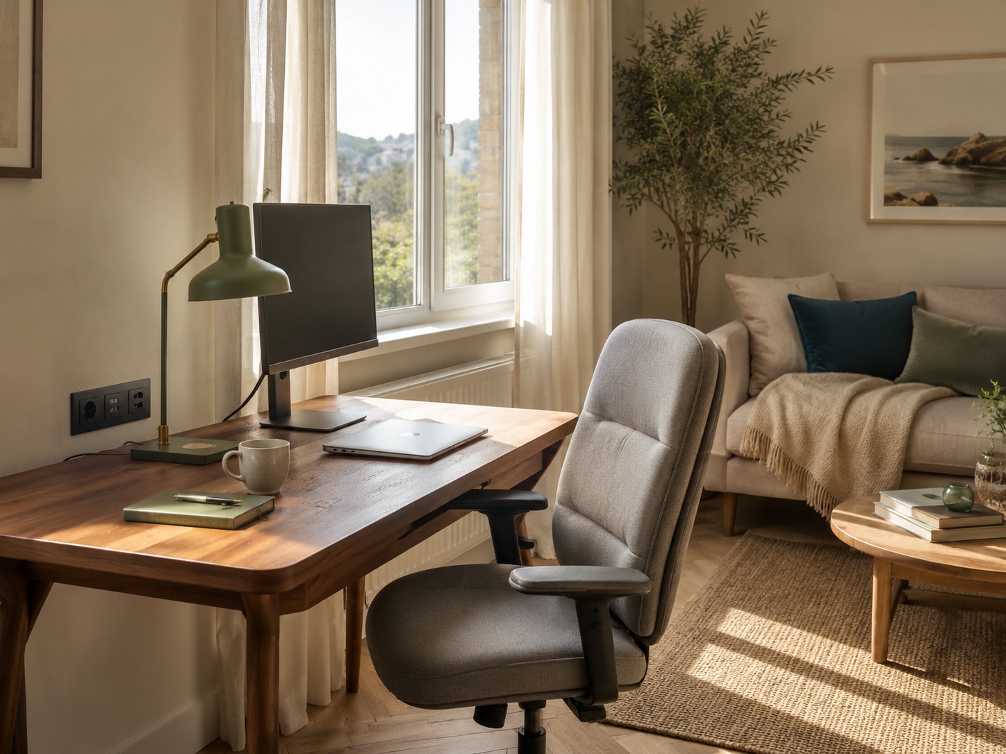 Schreibtisch mit Laptop und Grünpflanze in einem Ferienhaus für Workation, ideal für die Verwaltung einer Ferienimmobilie.