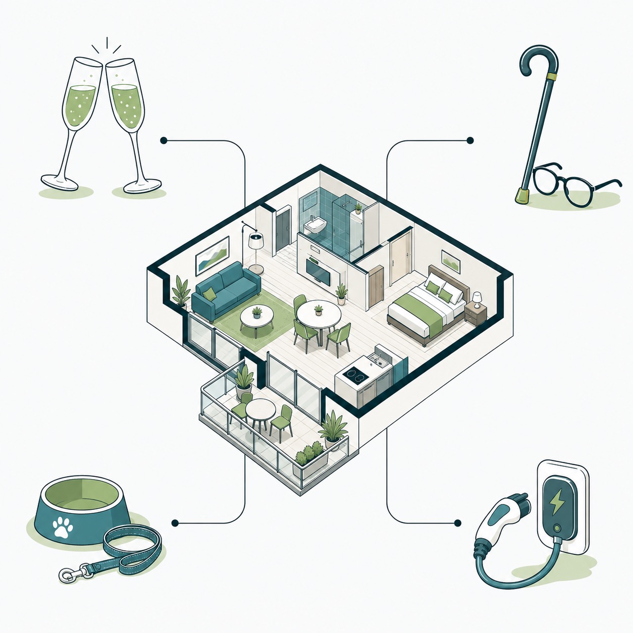Draufsicht einer Ferienwohnung mit Symbolen für Annehmlichkeiten wie Haustiere, E-Auto-Ladung und Barrierefreiheit.
