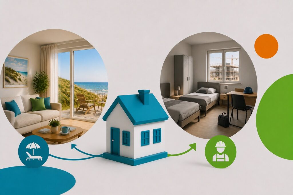 Ferienhaus-Grafik zeigt Vermietung an Urlauber und Monteure, repräsentiert durch Icons und Interieur-Bilder.