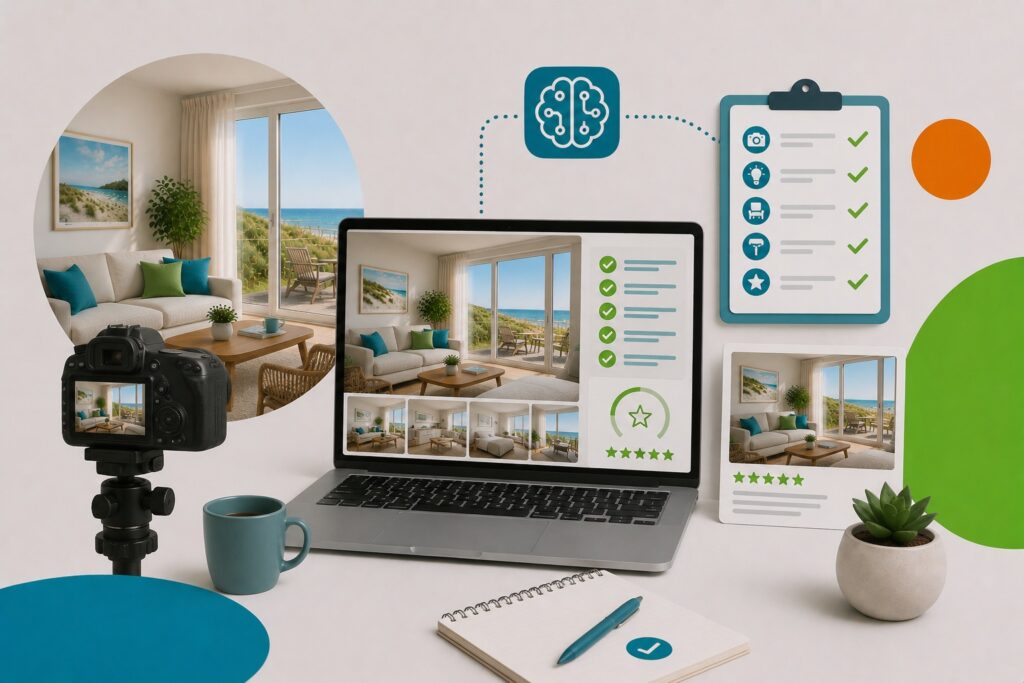 Laptop zeigt Qualitätsprüfung einer Ferienwohnung mit Meerblick. Checkliste visualisiert die Optimierung für Favorent.