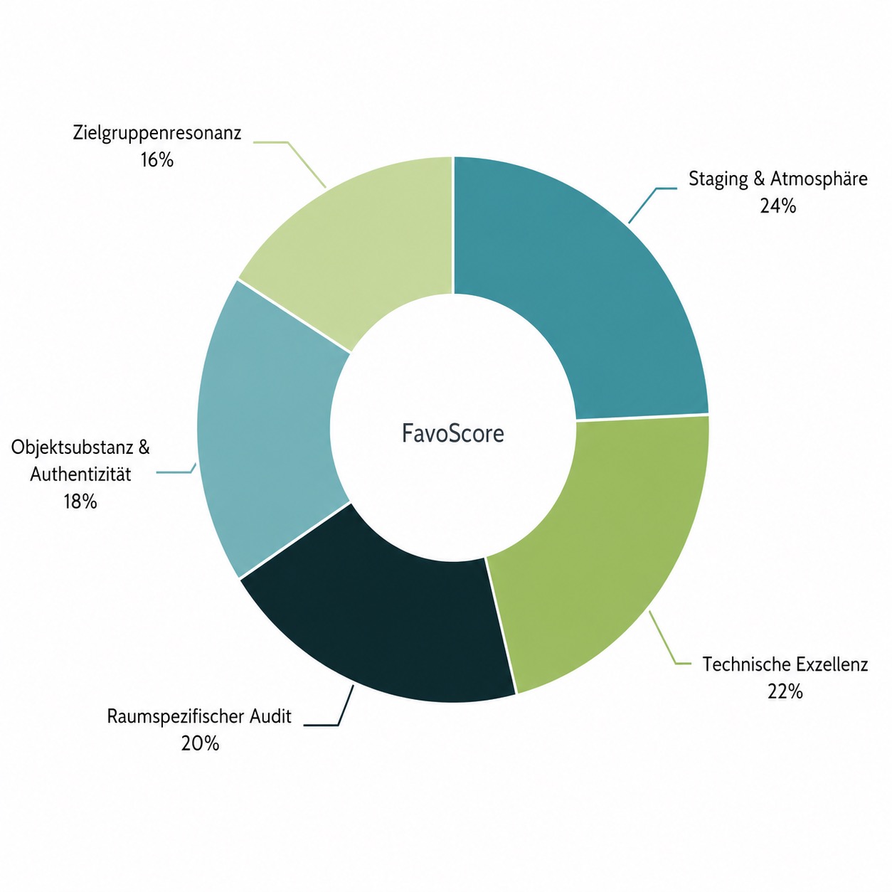 Tortendiagramm "FavoScore" zeigt fünf Dimensionen für die Ferienwohnungs-Präsentation: Zielgruppenresonanz, Objektsubstanz, Audit, Exzellenz, Atmosphäre.