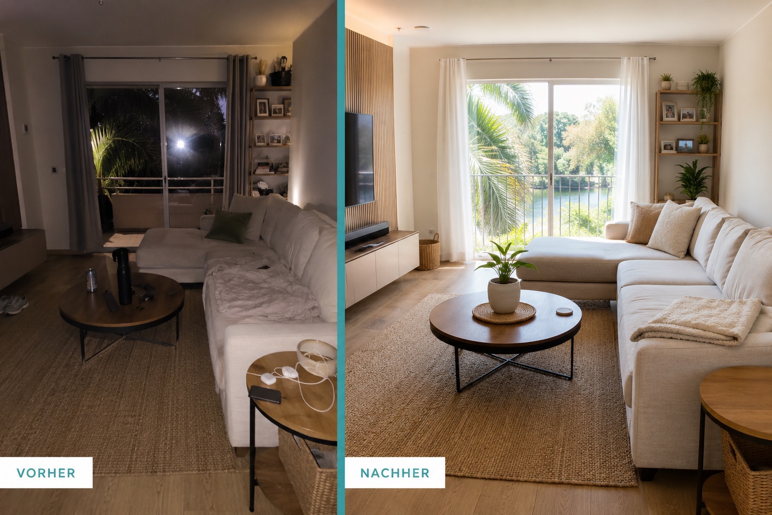 Vorher-Nachher-Vergleich zeigt eine modernisierte Ferienwohnung mit hellem Interieur. Favorent unterstützt bei der Optimierung von Ferienobjekten.