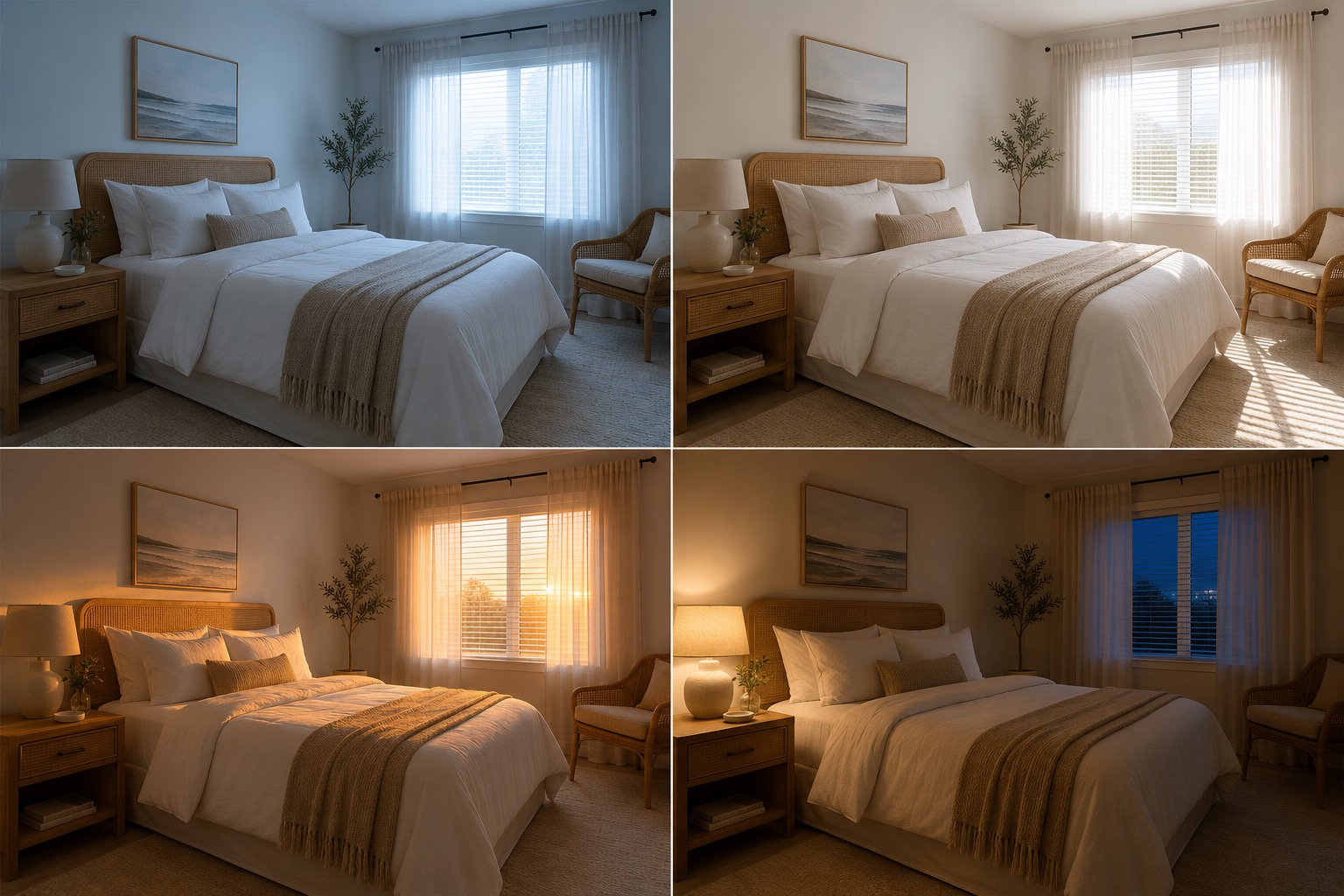 Schlafzimmer einer Ferienwohnung mit vier verschiedenen Tageszeiten, aufgenommen für Favorent.