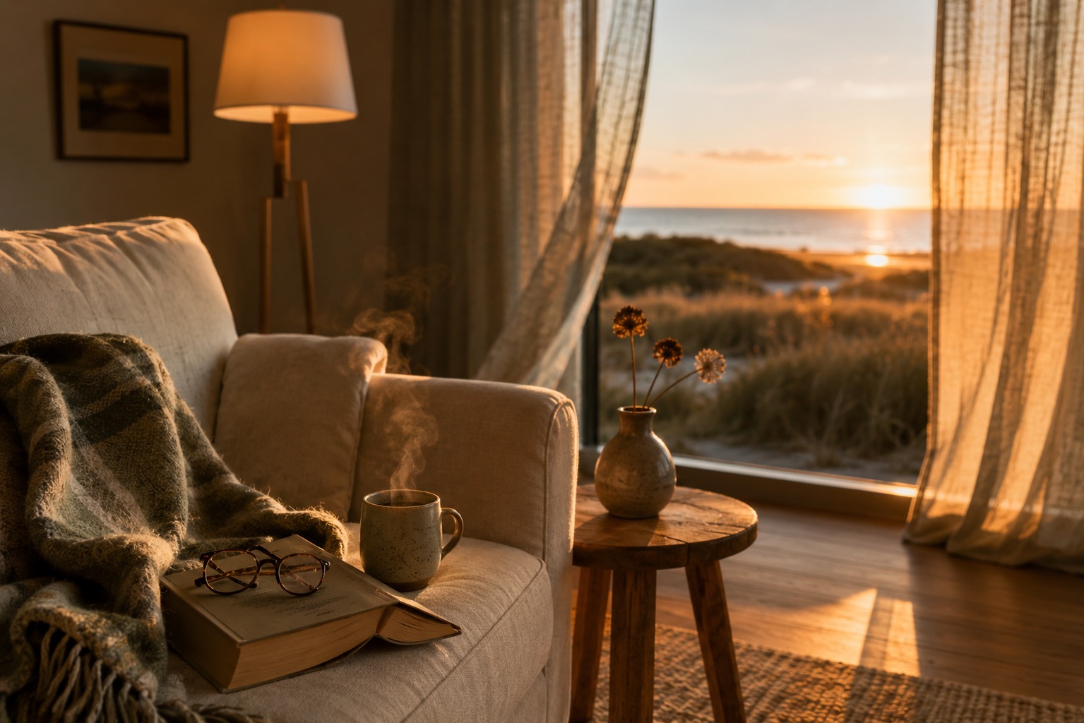 Warme Tasse dampft neben Buch und Brille auf Couch in Küstennähe, mit Blick durch das Fenster auf den Sonnenuntergang.