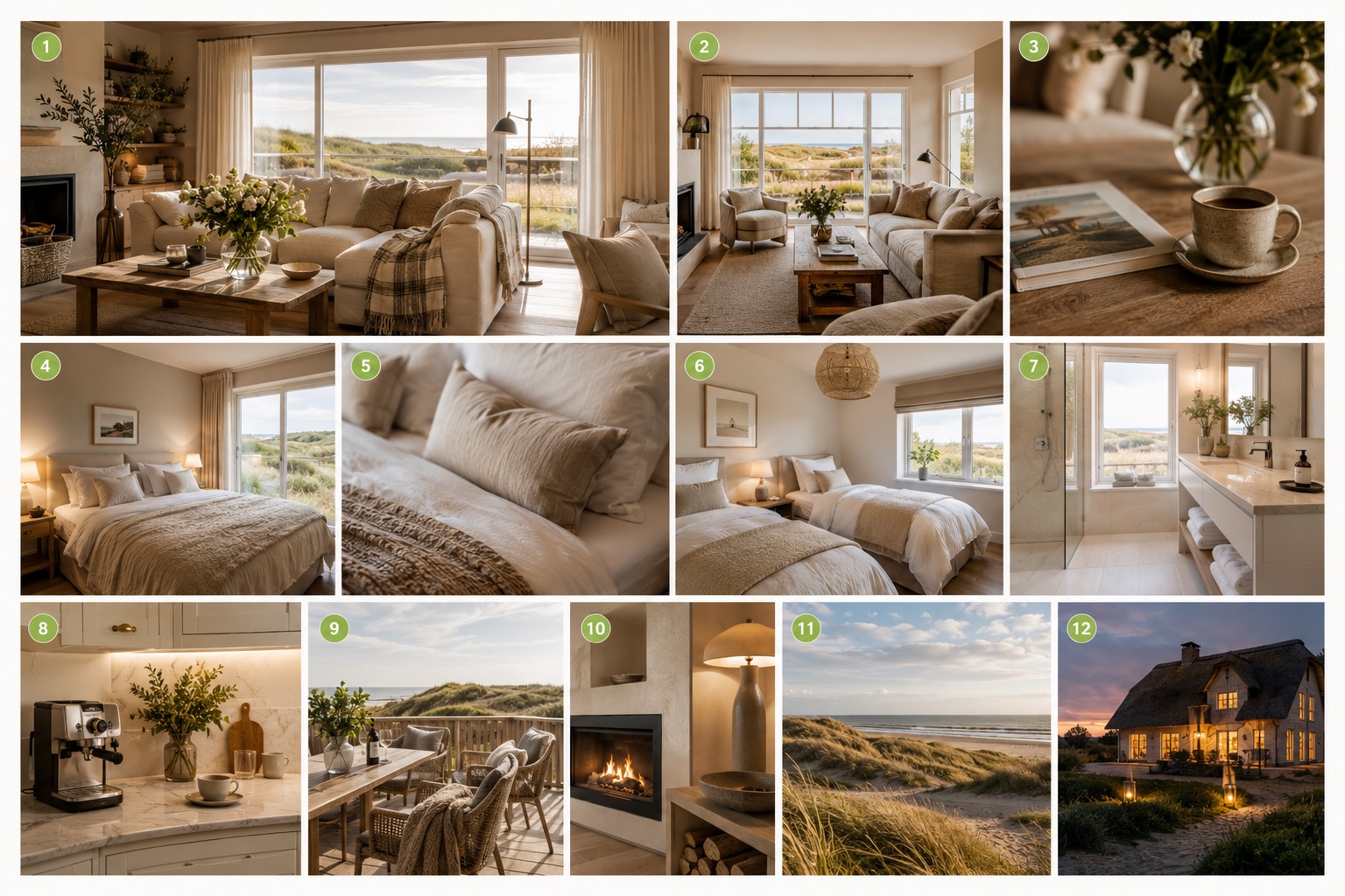 Collage zeigt zwölf Fotos eines Ferienhauses: Wohnzimmer, Schlafzimmer, Bad, Küche, Terrasse, Kamin und Außenansicht.