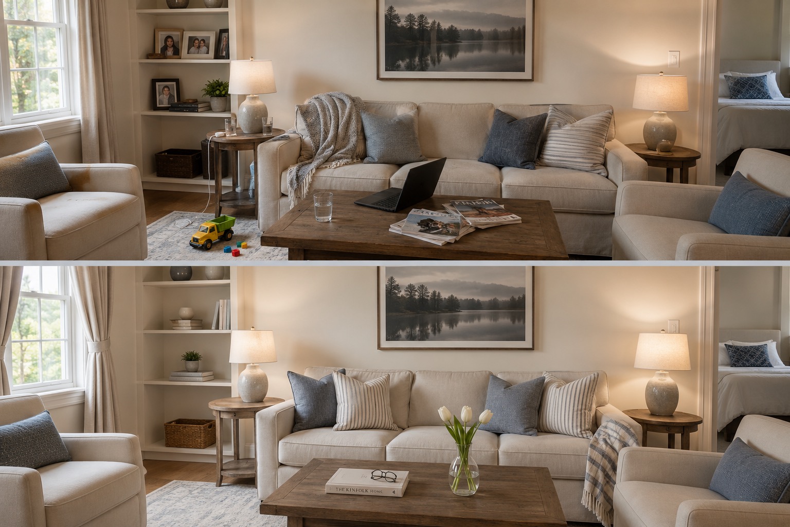 Vorher-Nachher-Vergleich zeigt Wohnzimmer einer Ferienwohnung, einmal mit Spielzeug, Laptop und einmal mit Blumen und Buch.