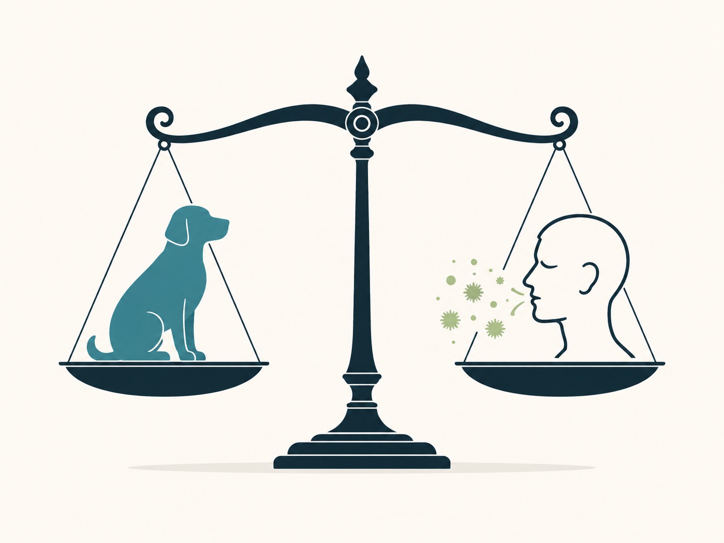 Waage mit Hund und allergischer Reaktion, Symbol für Abwägung bei Ferienimmobilien.