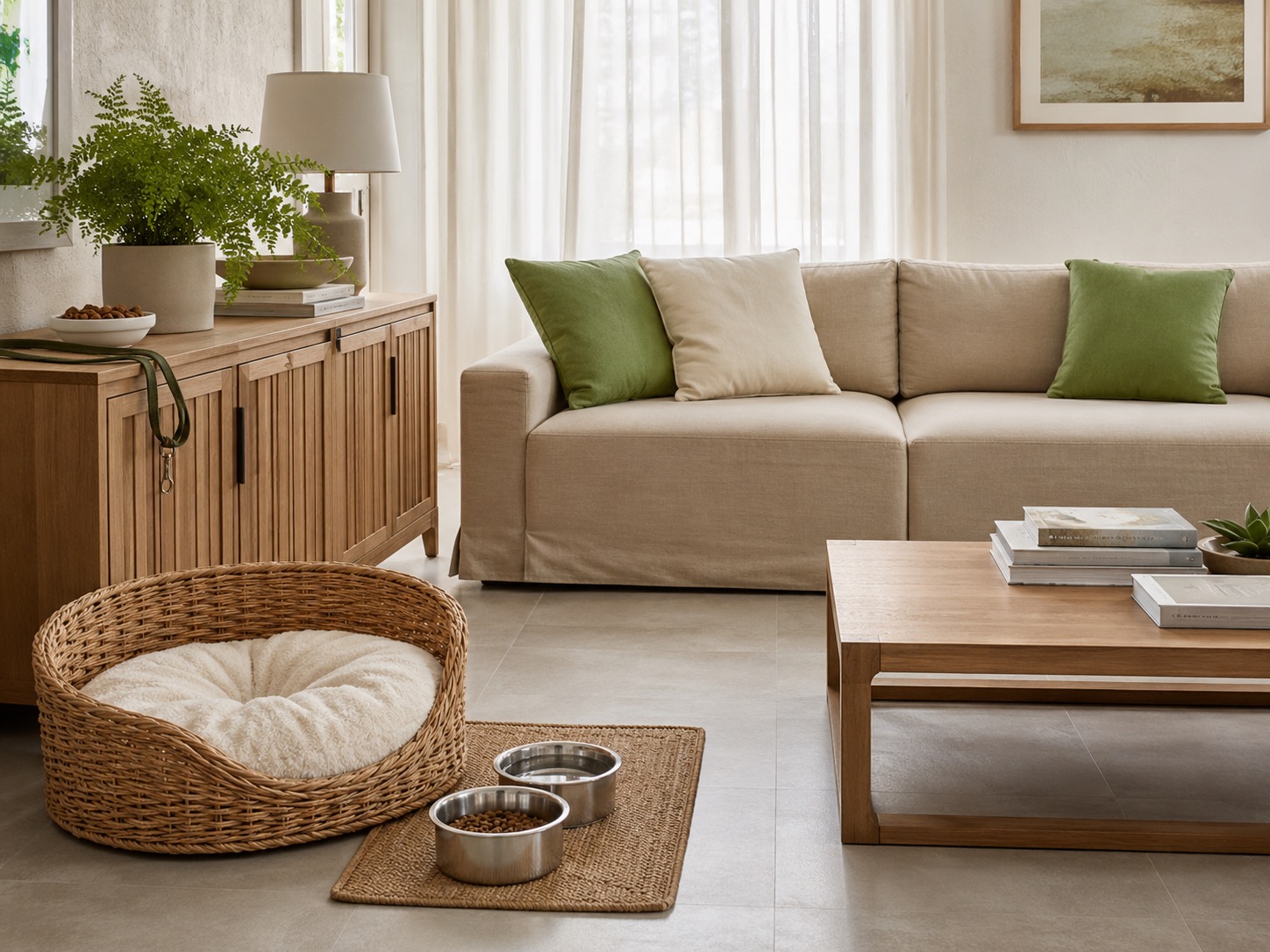 Helle Wohnungseinrichtung mit Hundebett, Futternapf und beigem Sofa, ideal für haustierfreundliche Ferienimmobilien.