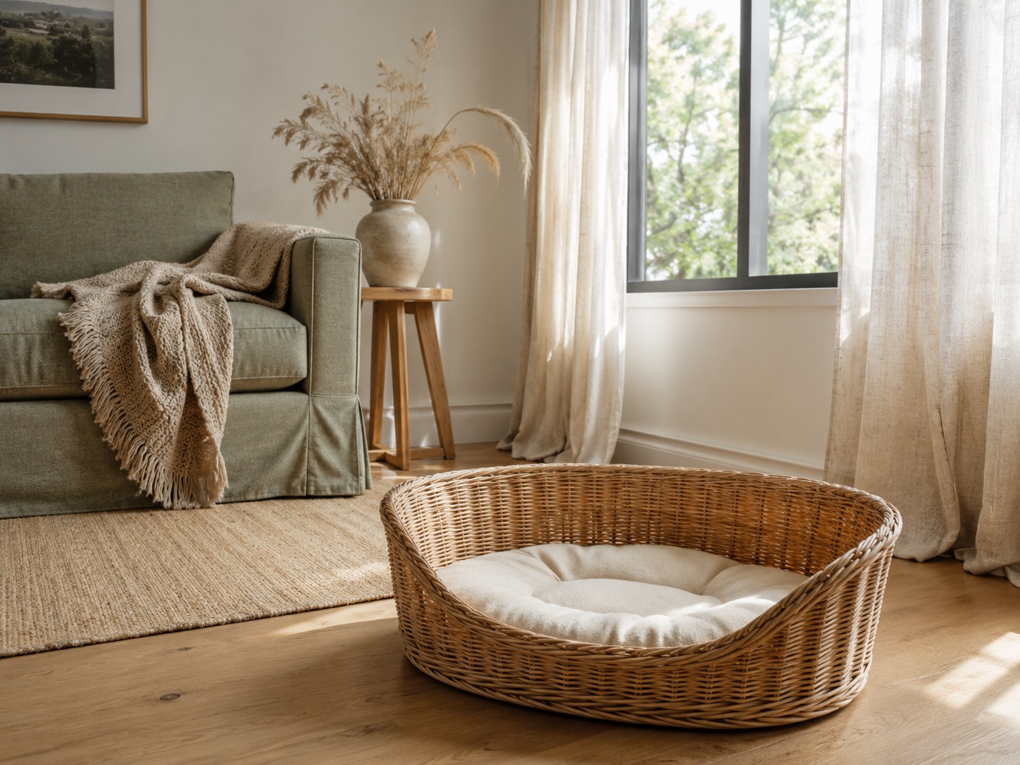 Ovales, geflochtenes Hundebett mit Kissen in hellem Wohnzimmer, geeignet für haustierfreundliche Ferienwohnungen.