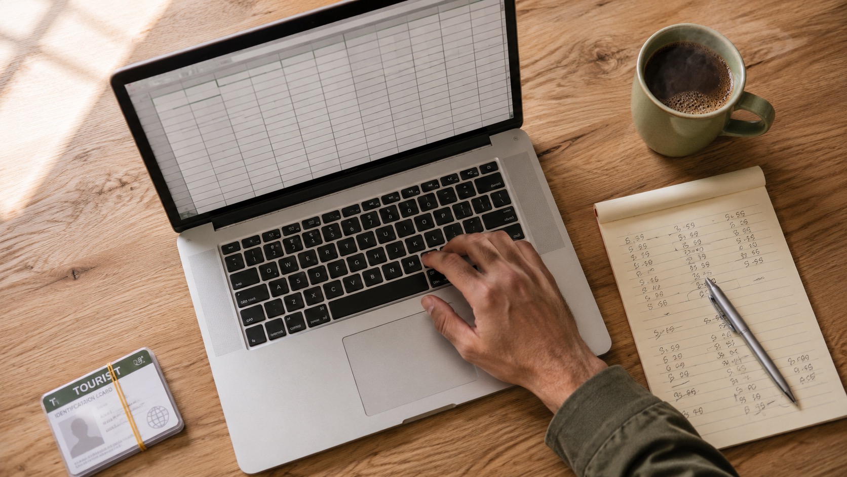 Hand tippt auf Laptop neben Notizblock, Tasse Kaffee und Tourist-ID; Ferienwohnungs-Management mit Favorent.