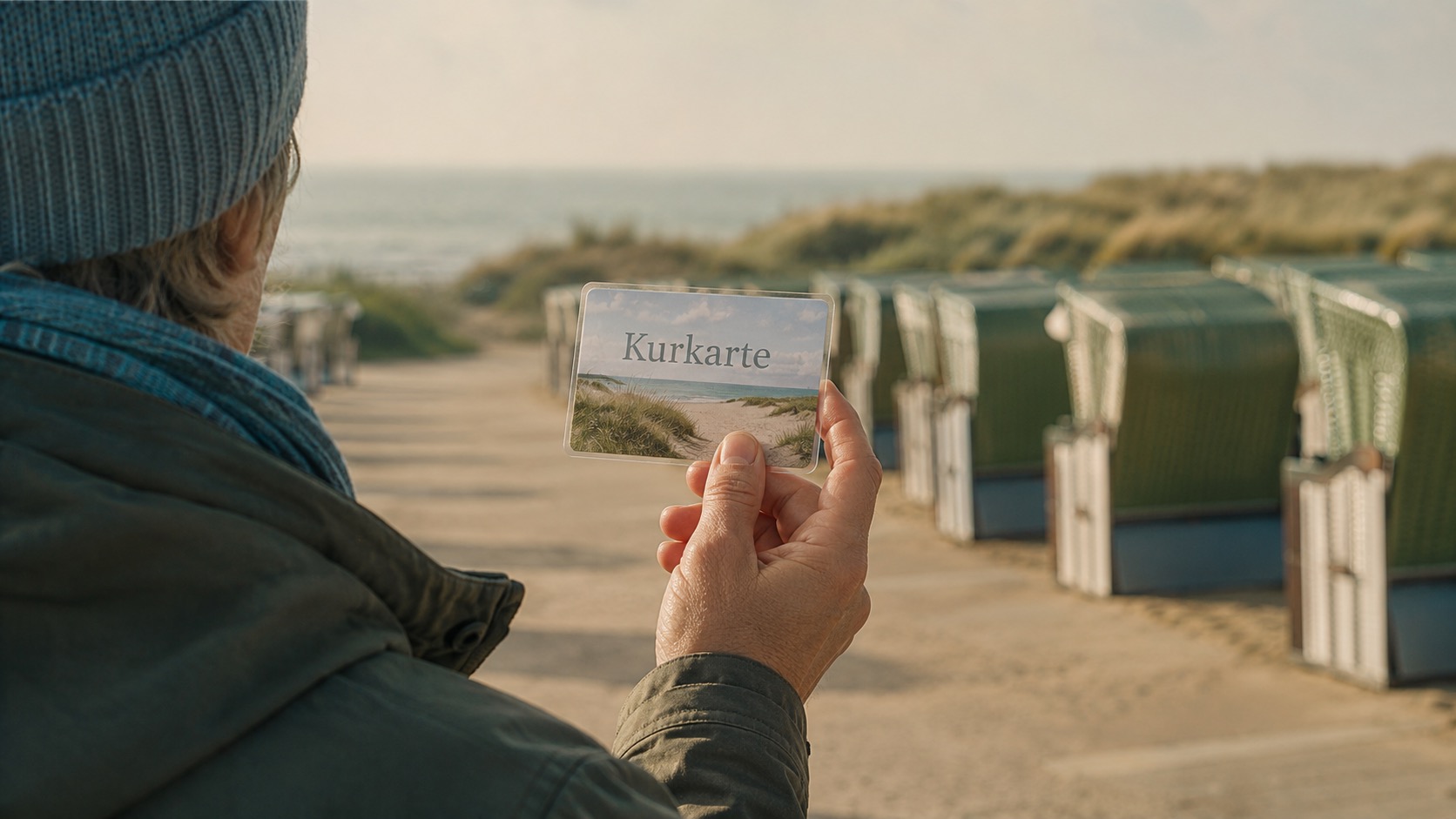 Eine Person hält eine "Kurkarte" vor Strandkörben am Meer.