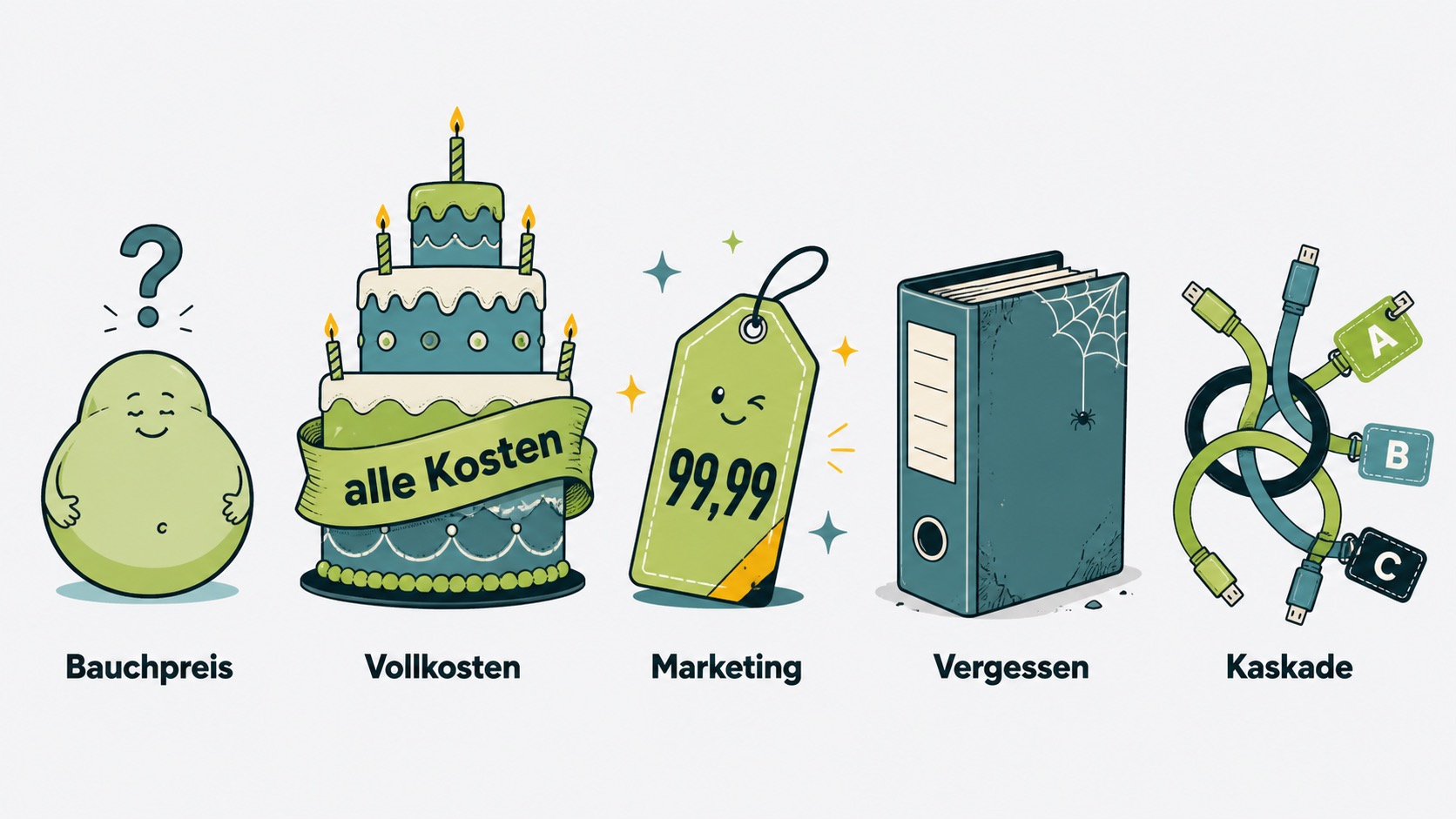 Fünf Icons zeigen Fehler bei der Preisgestaltung für Ferienwohnungen: Bauchgefühl, Gesamtkosten, Marketing, Vergessen, Kaskade.