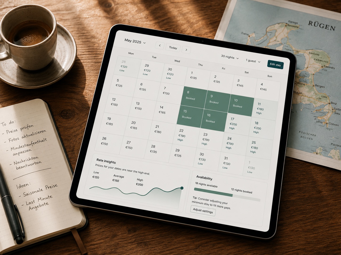 Tablet zeigt einen Kalender mit dynamischer Preisgestaltung für die Ferienhausvermietung, daneben Notizen und eine Karte von Rügen.