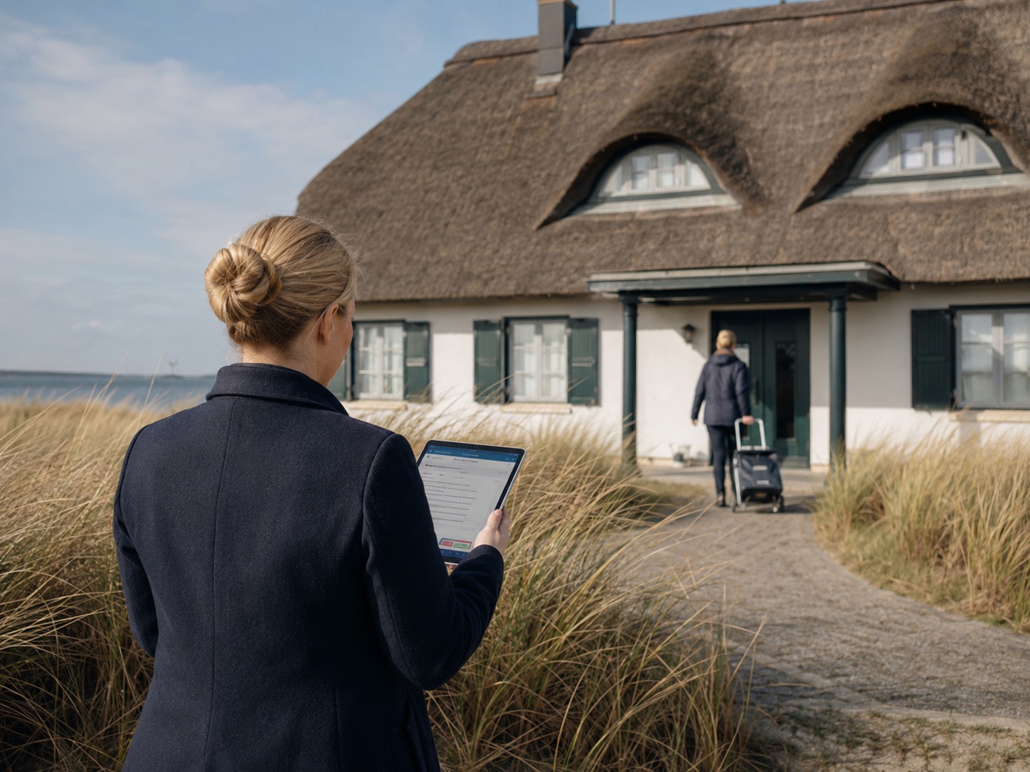 Frau mit Tablet vor einem Ferienhaus auf Rügen; Favorent bietet professionelles Ferienhausmanagement an.