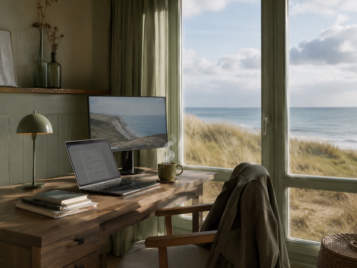 Schreibtisch mit Laptop und Meerblick durch das Fenster; ideal für Workation in einer Ferienwohnung auf Rügen.